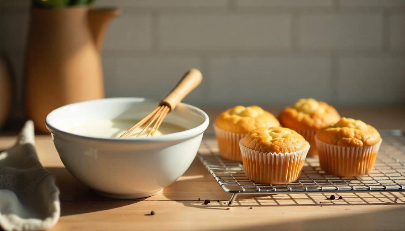Bowl of buttermilk next to freshly baked muffins in a rustic kitchen.
