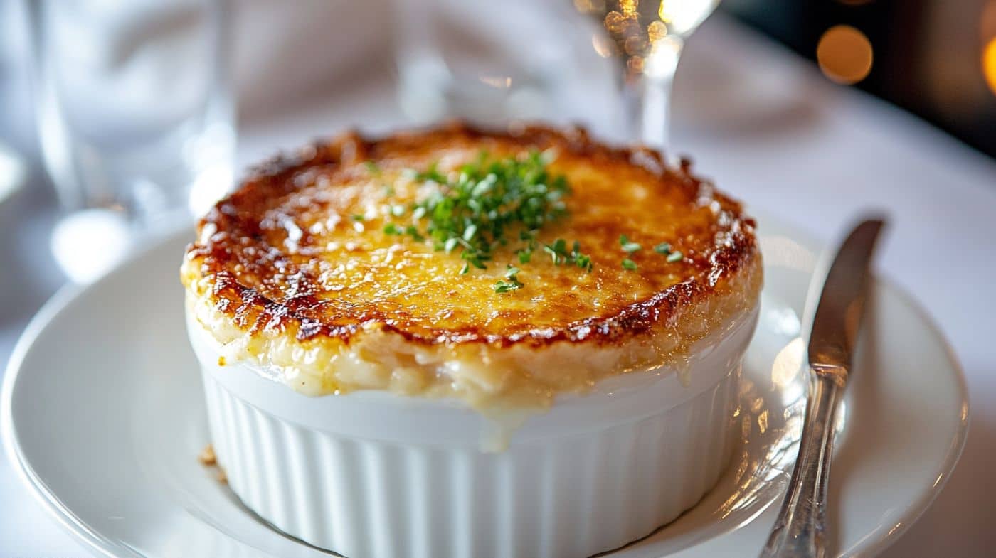Crab Brûlée garnished with herbs on a white plate.