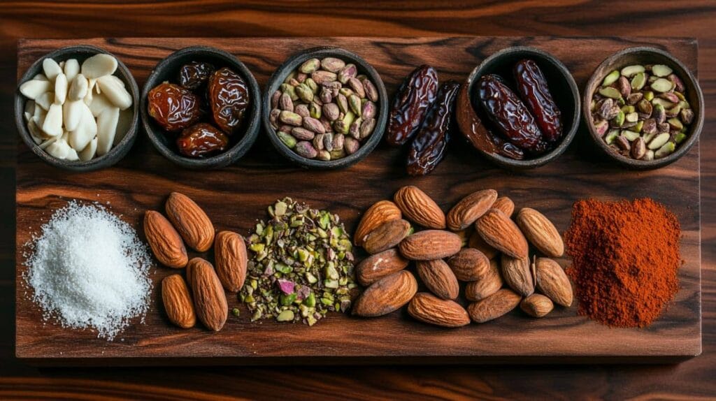 Ingredients for a Dubai chocolate bar recipe: chocolate, dates, pistachios, almonds, and spices."