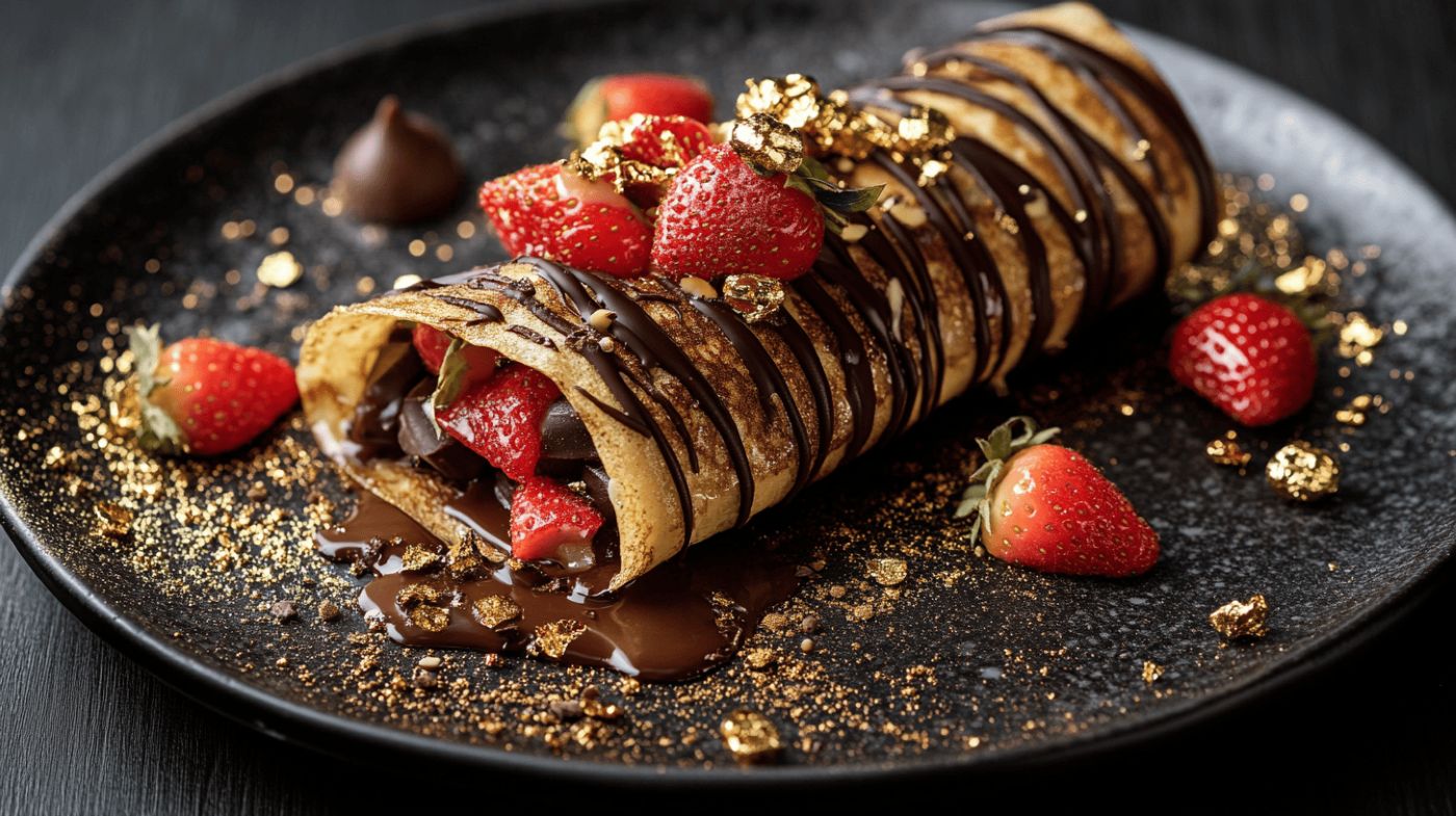 Crepe Dubai Chocolate Dessert with Gold Accents
