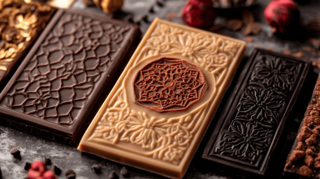 A close-up of luxury Dubai chocolate bars infused with local flavors like saffron and cardamom.