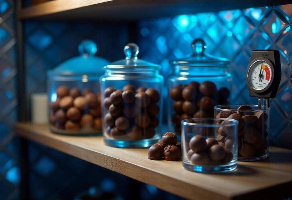 A chocolate storage setup with airtight containers and a thermometer showing 18°C.