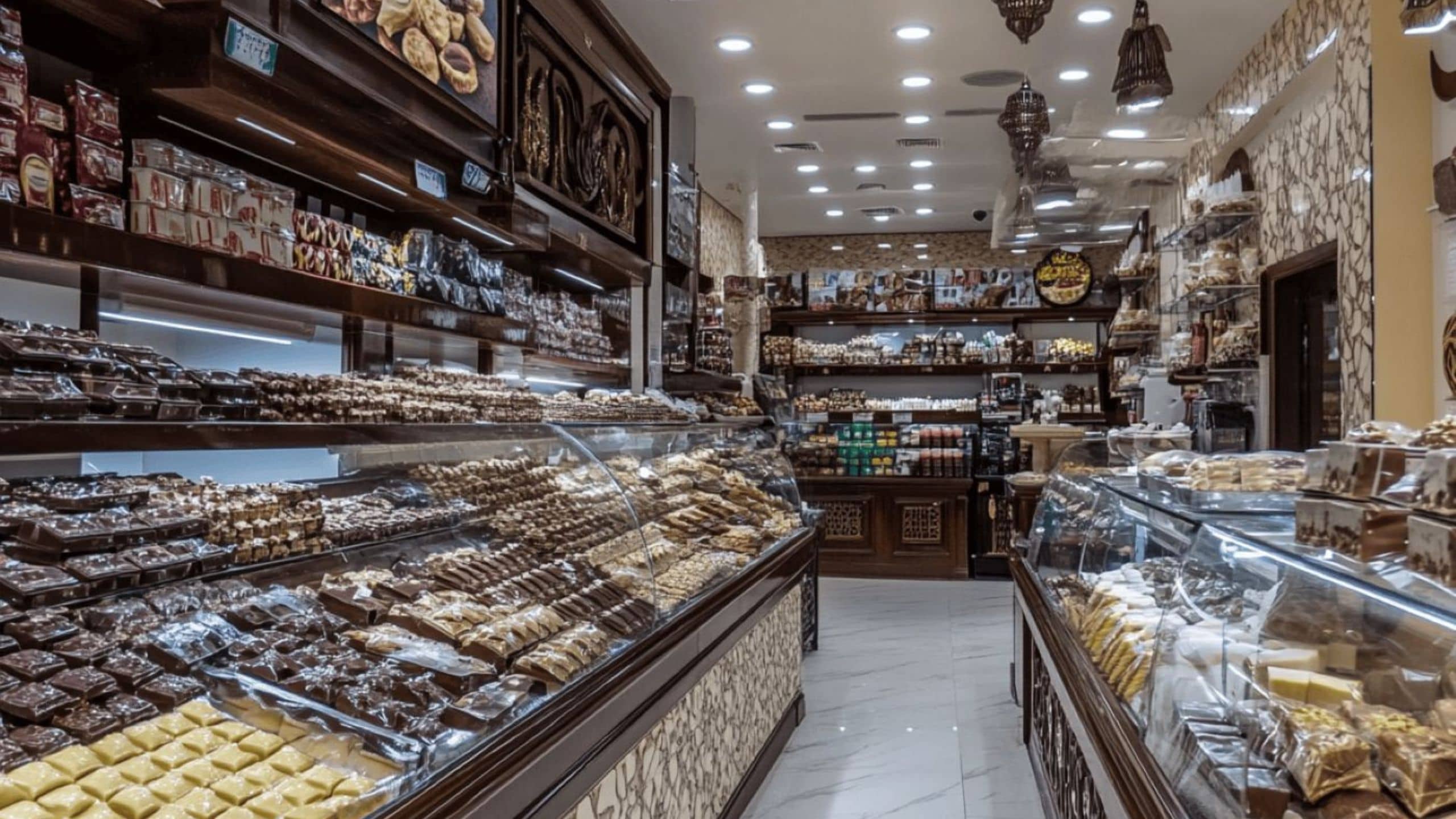 Luxury Dubai chocolates displayed in a temperature-controlled setting with an elegant backdrop