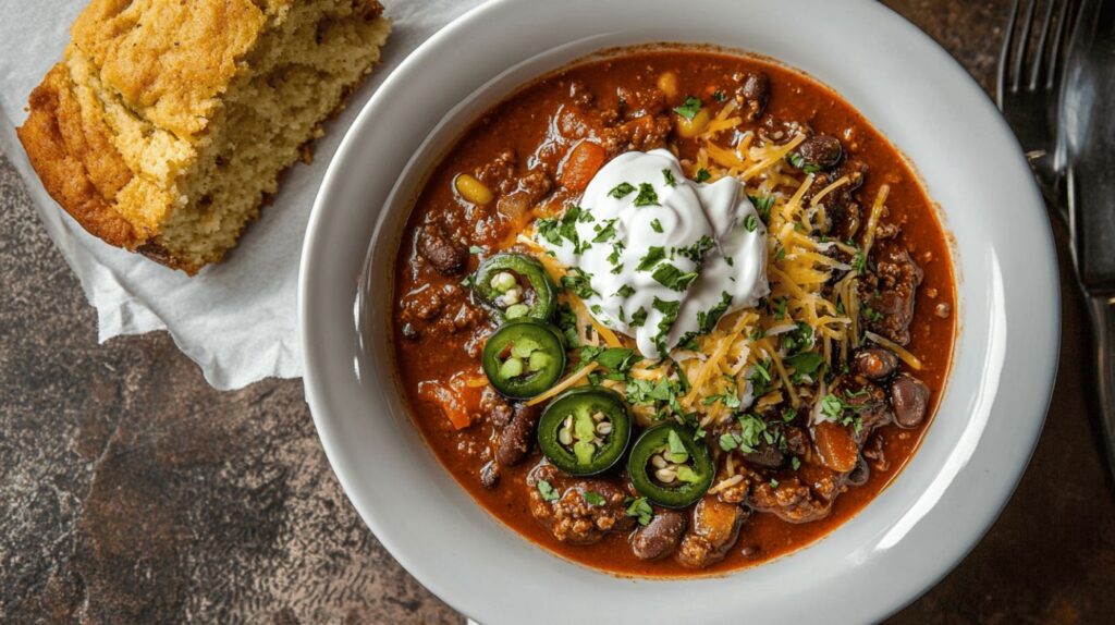 Best Texas Chili Recipe with Jalapeño and Cheese Garnish