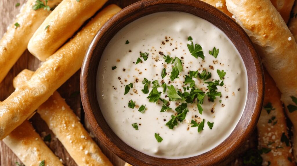 Creamy White Dipping Sauce from Olive Garden with Breadsticks