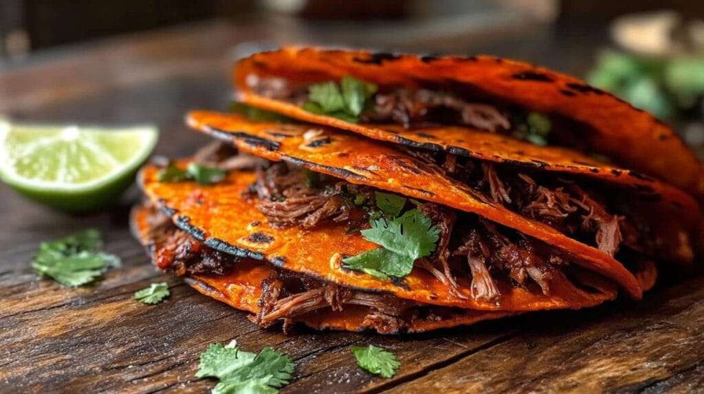 Close-up of authentic birria tacos with crispy red tortillas and juicy shredded beef.