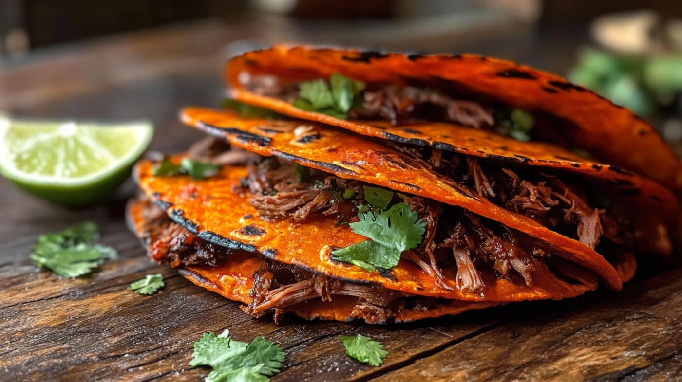 Close-up of authentic birria tacos with crispy red tortillas and juicy shredded beef.