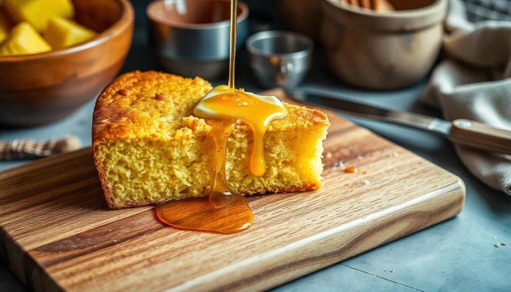Golden slice of cornbread with butter and honey drizzle.