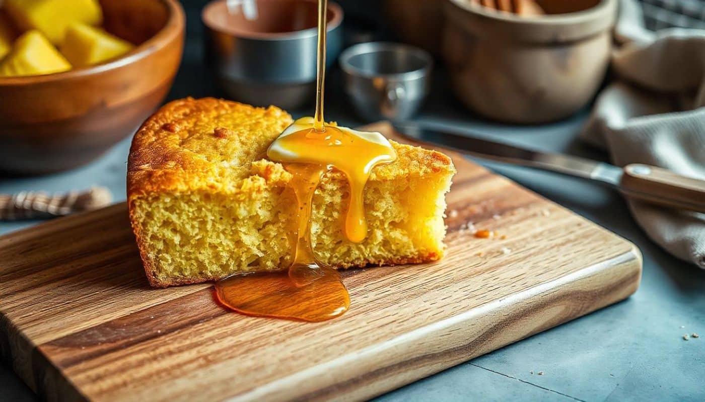 Golden slice of cornbread with butter and honey drizzle.