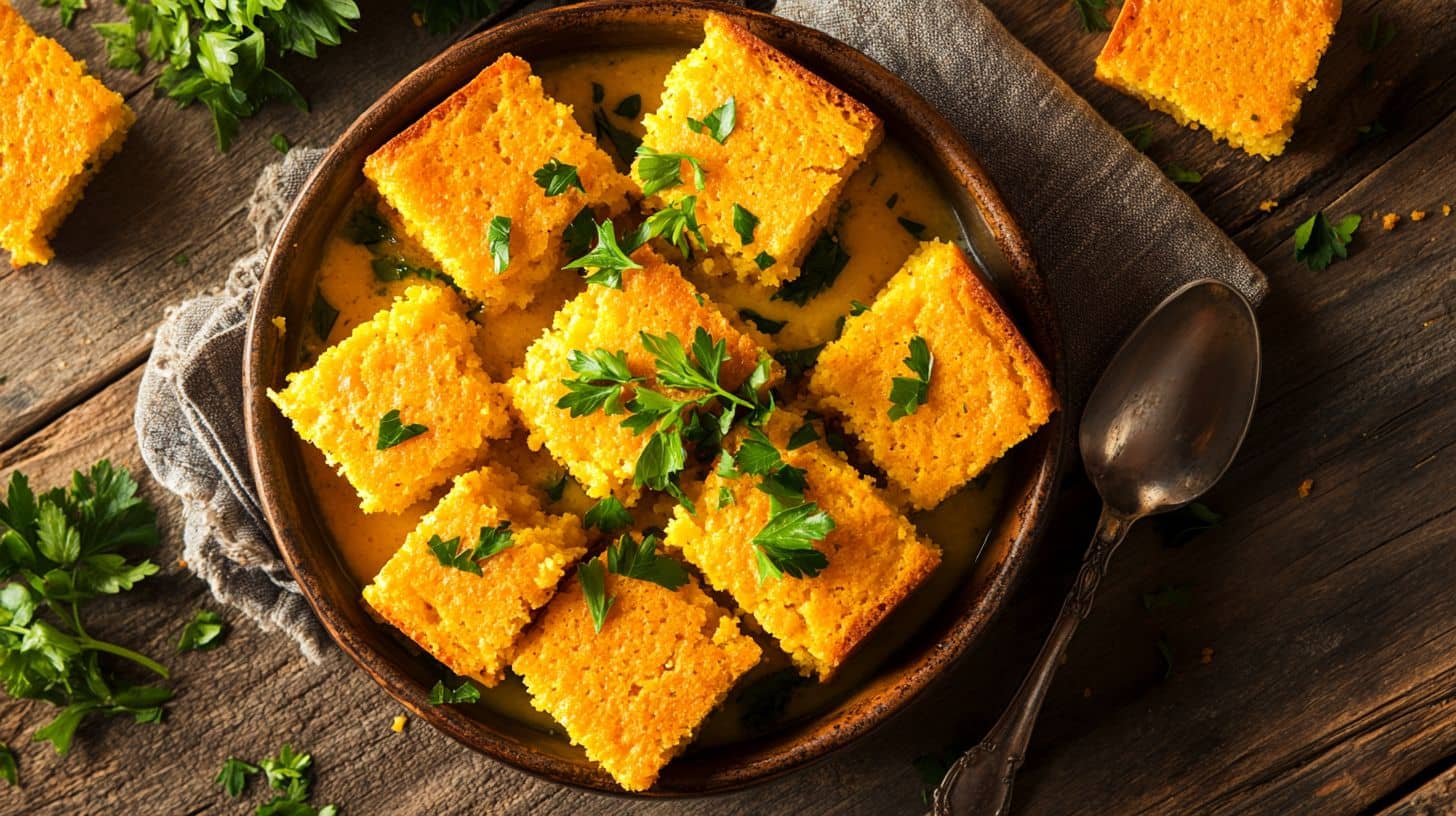 Cornbread soaked in buttermilk in a rustic bowl on a wooden table
