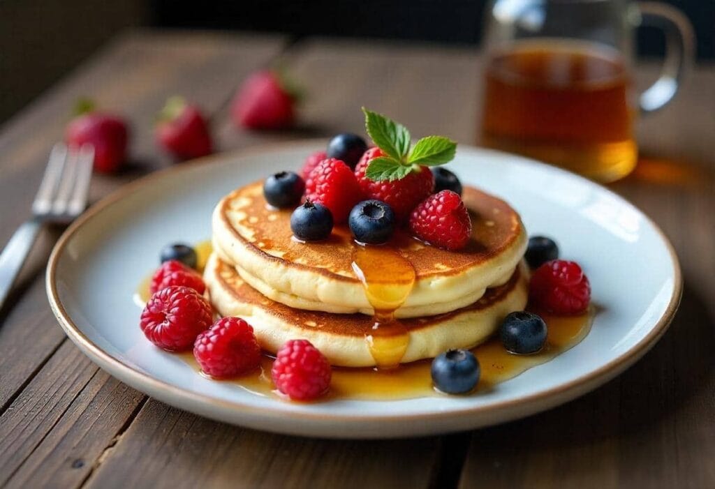 Cottage cheese pancakes with fresh berries and honey.