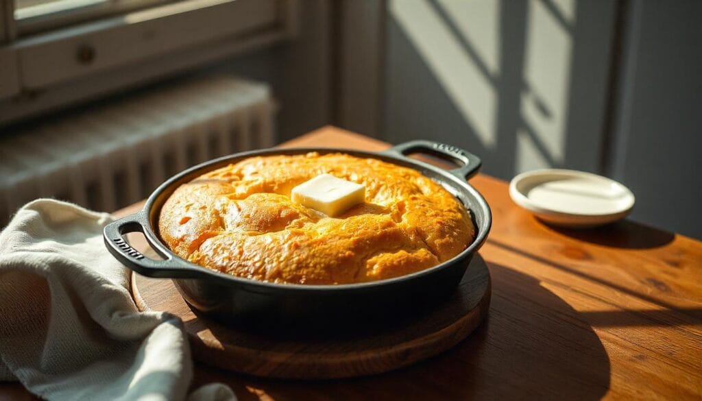 Skillet cornbread with melted butter.