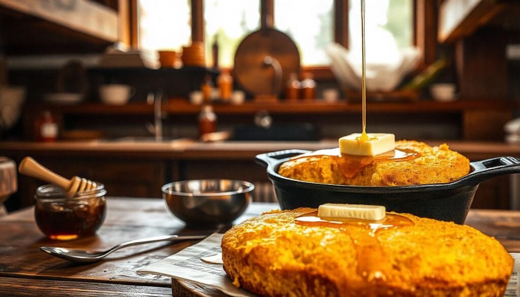 Golden Southern cornbread in a cast iron skillet with butter and honey on the side