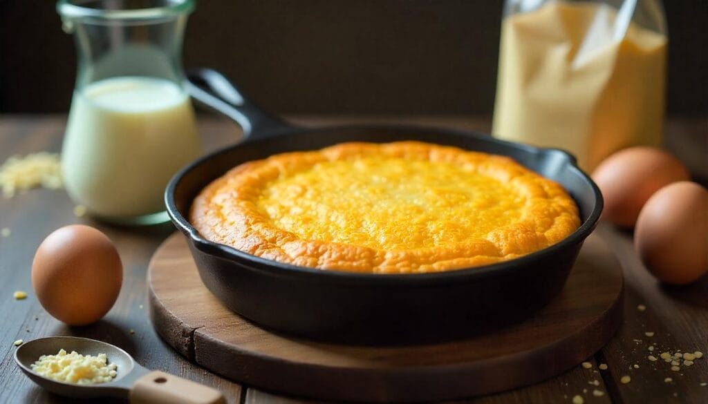 A golden, freshly baked cornbread in a cast-iron skillet, with buttermilk, milk, eggs, and cornmeal ingredients arranged on a wooden table, warm and inviting, soft lighting, rustic setting."