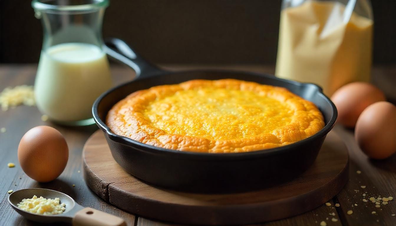 A golden, freshly baked cornbread in a cast-iron skillet, with buttermilk, milk, eggs, and cornmeal ingredients arranged on a wooden table, warm and inviting, soft lighting, rustic setting."