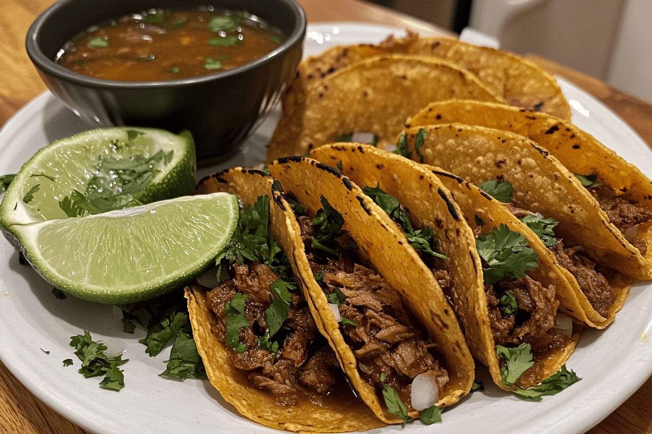 Golden birria tacos served with consommé, garnished with cilantro, onions, and lime