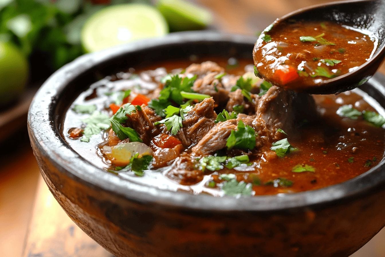 Birria taco sauce with chili peppers and fresh herbs in a bow