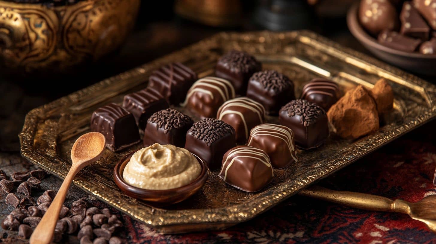 Dubai chocolate with a jar of tahini on a wooden table.