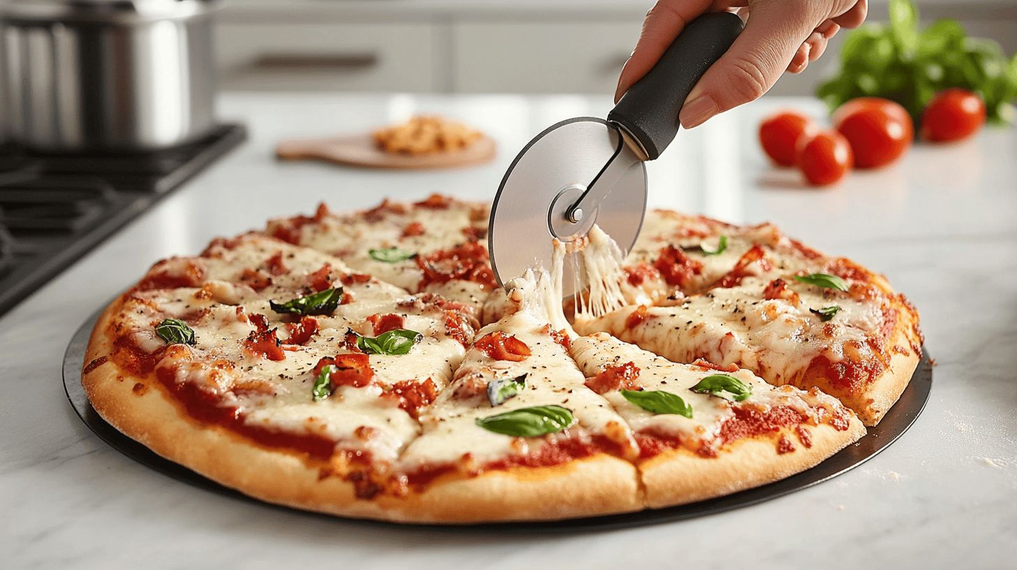 Woman slicing a freshly baked 10-inch pizza in a modern kitchen