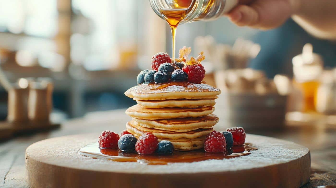 A stack of small pancakes topped with berries and syrup.