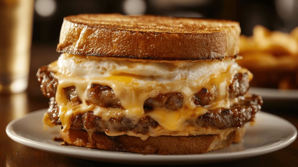 A Jimmy Dean breakfast sandwich with melted cheese, sausage, and egg.