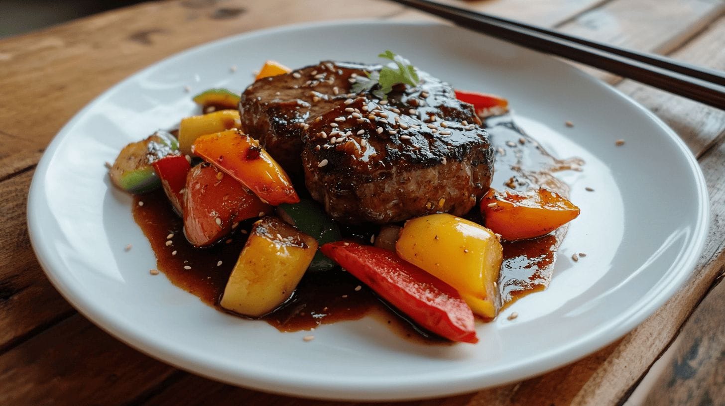 Chinese pepper steak with bell peppers and glossy sauce on a plate."