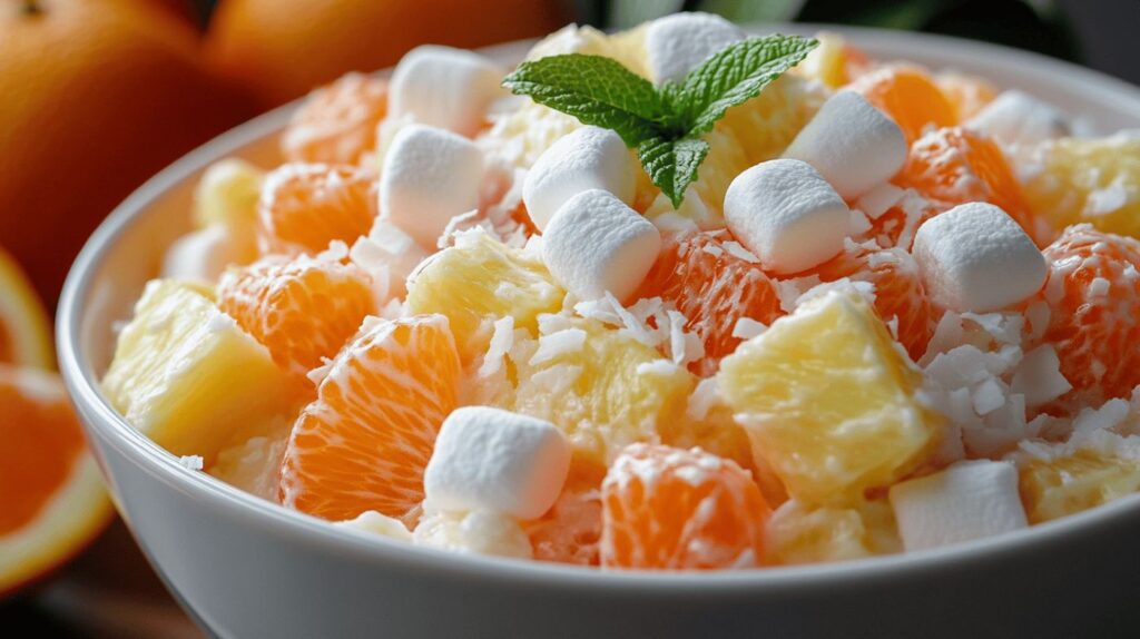 Close-up of Ambrosia salad featuring oranges, marshmallows, and coconut