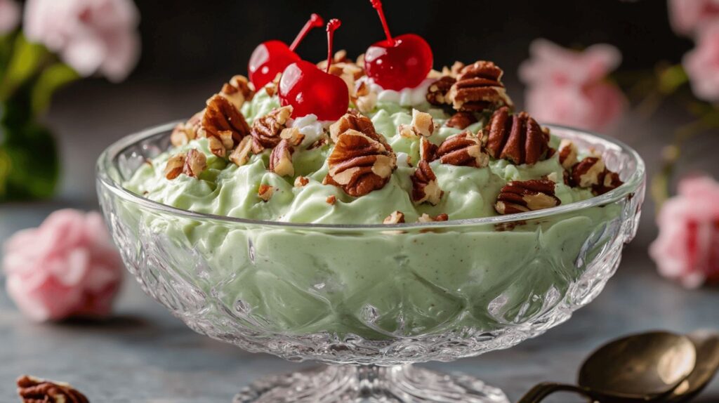 Watergate salad in a crystal bowl with pecans and cherries on top.