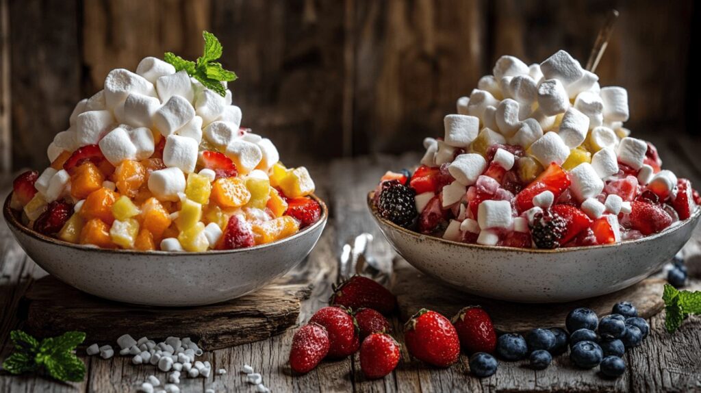 Ambrosia and Watergate salads side by side showcasing vibrant ingredients