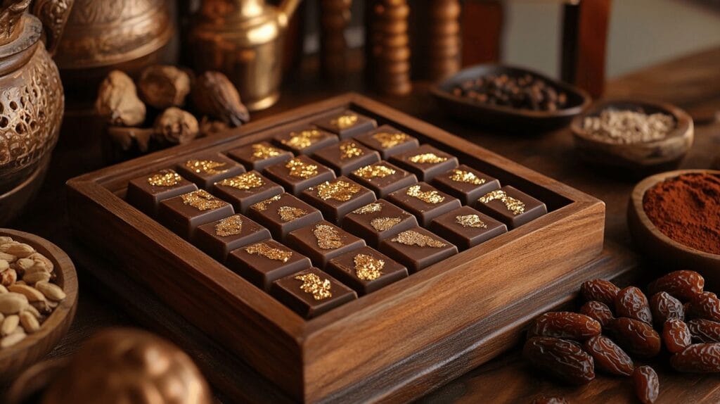 A luxurious display of Dubai chocolate bars with gold leaf garnishes