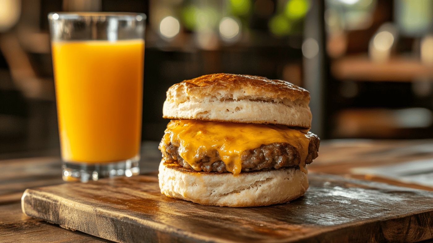 Perfectly cooked Jimmy Dean breakfast sandwich with orange juice.
