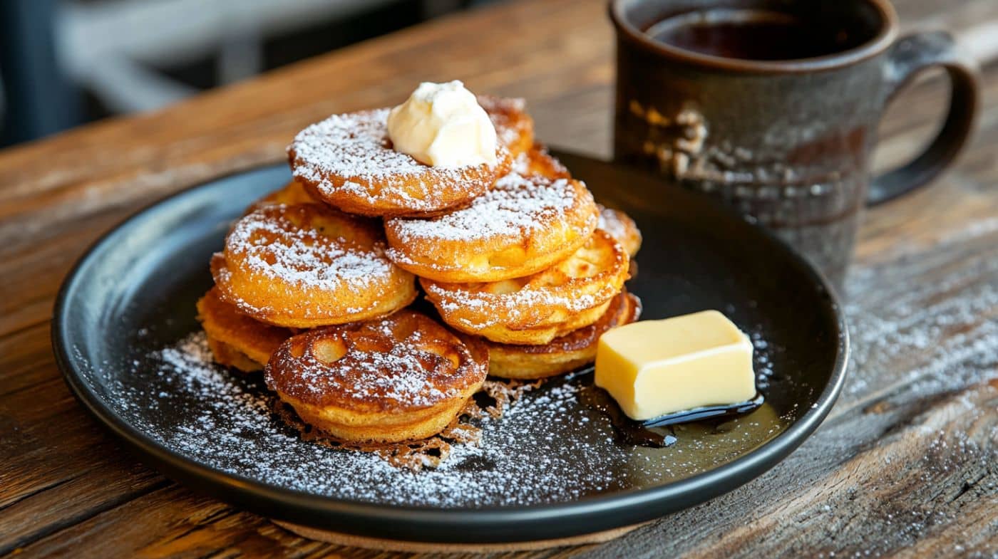 Golden poffertjes dusted with powdered sugar served with butter on a wooden plate