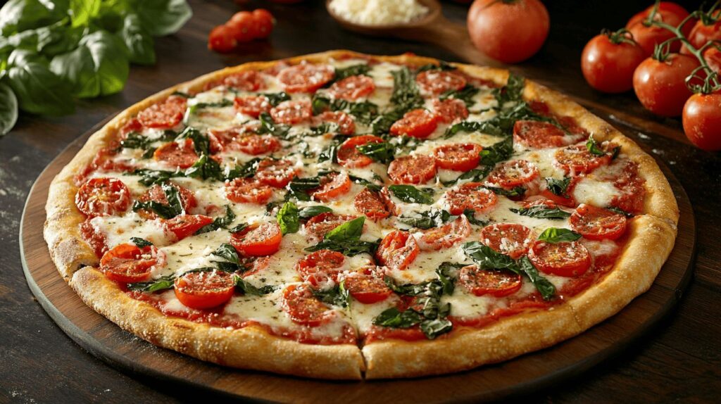 A 10-inch pizza surrounded by fresh toppings on a dark background.