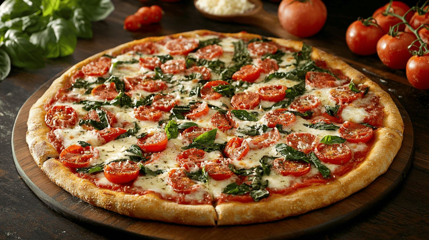 A 10-inch pizza surrounded by fresh toppings on a dark background.