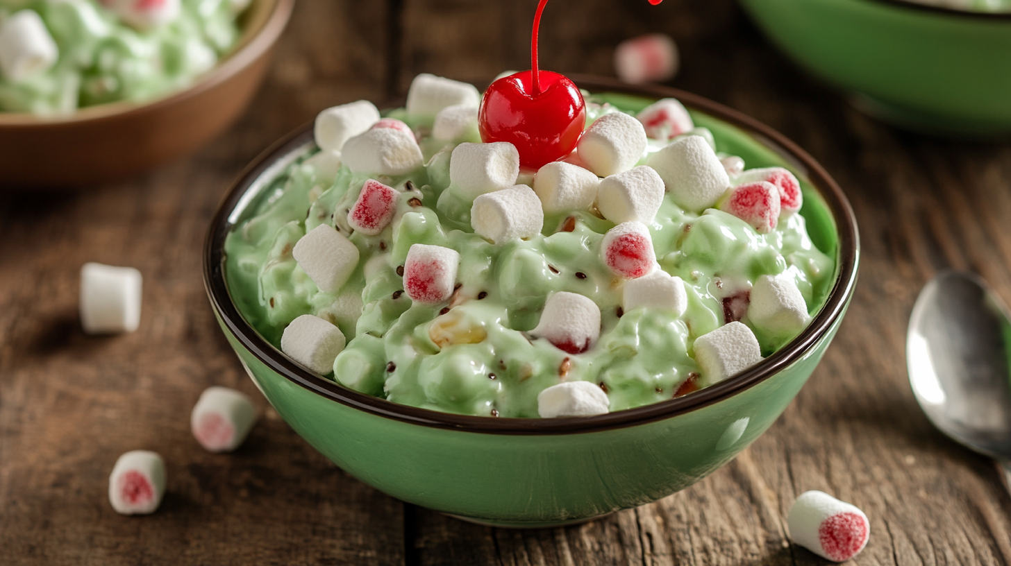 A beautifully styled bowl of Watergate salad with vibrant green color, mini marshmallows, and a cherry on top, placed on a rustic wooden table
