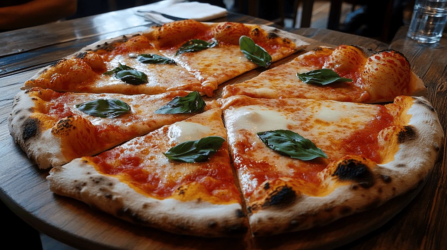 Freshly baked 10-inch pizza sliced into six pieces on a wooden table.