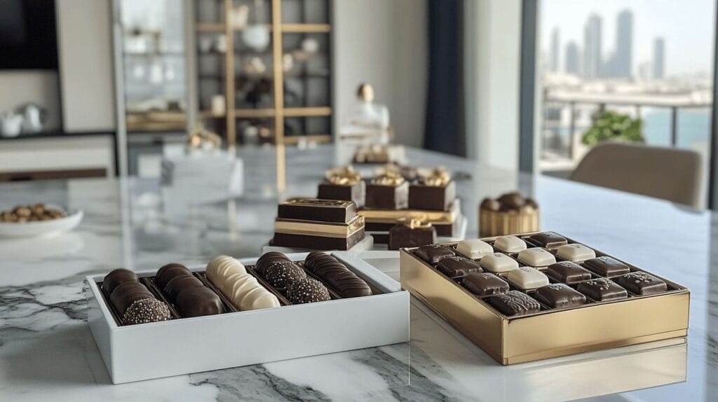 Luxurious Dubai chocolates in gold and white packaging on a marble table.