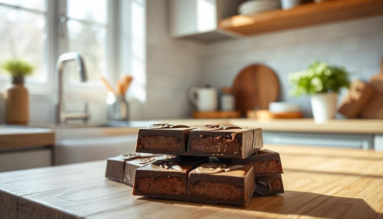 Chocolate bar on a wooden counter in natural light.