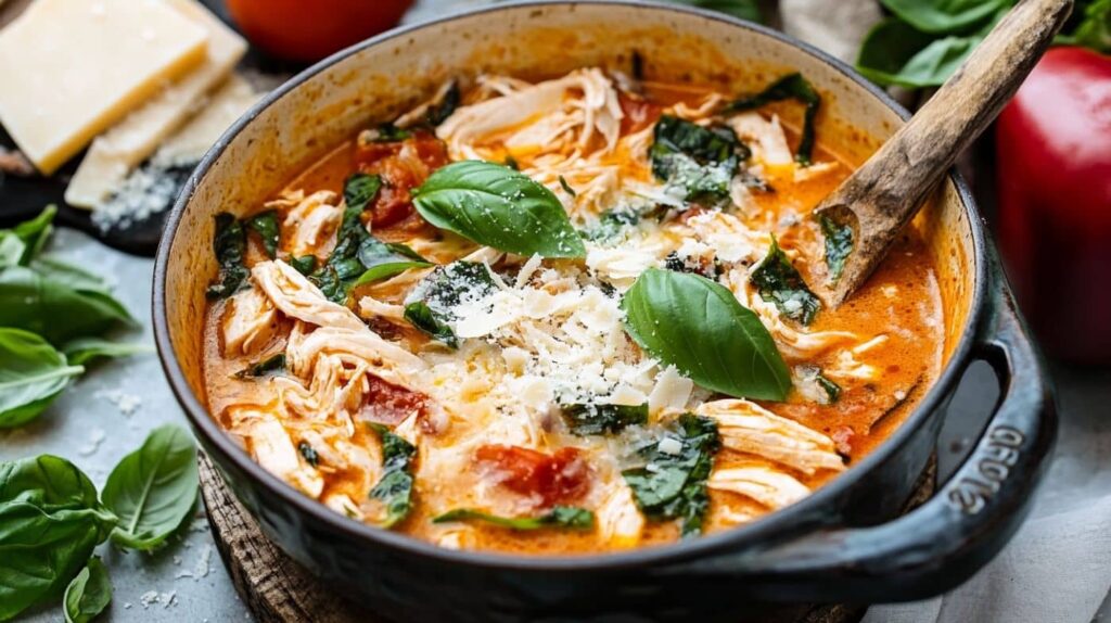 A steaming bowl of Marry Me Chicken Soup garnished with basil and parmesan