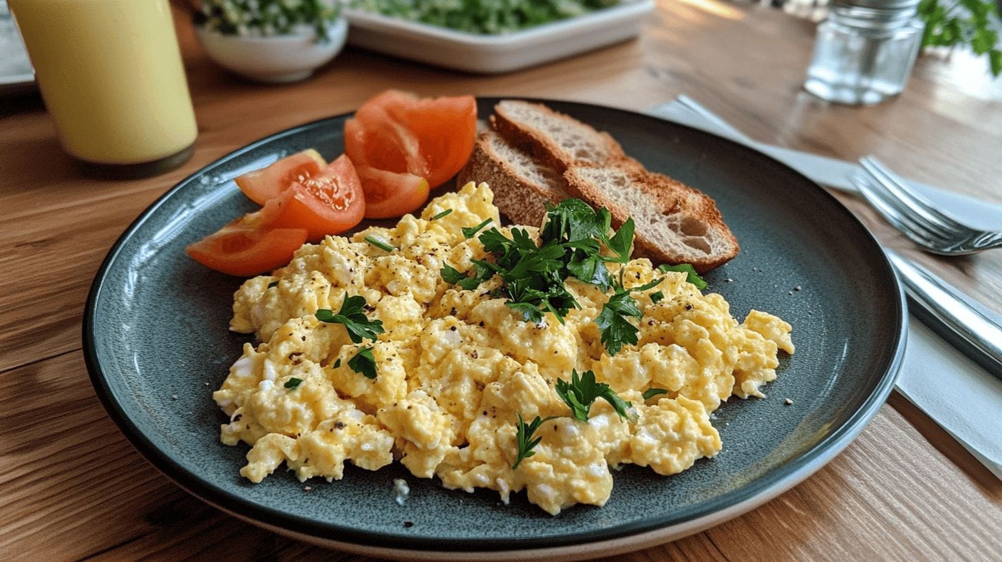 Fluffy scrambled eggs with cottage cheese garnished with parsley