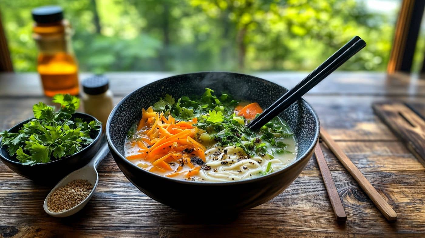 Steaming bowl of soup with fresh vegetables and herbs, showcasing a perfect soup presentation