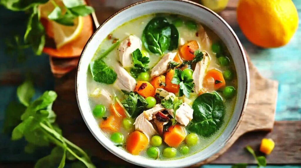 Chicken soup with green herbs and vegetables in a white bowl on a wooden table.