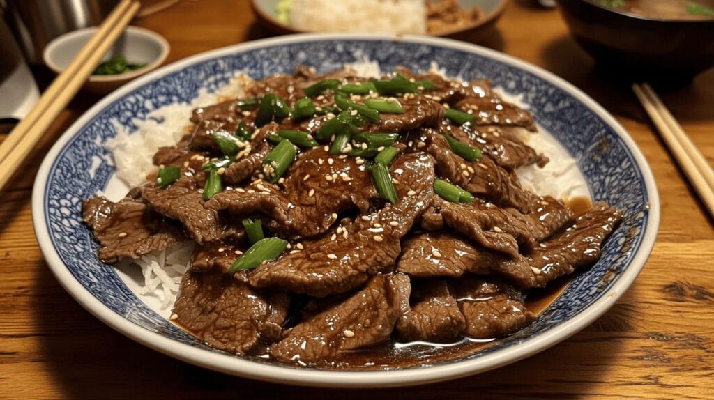 Plated Mongolian beef garnished with green onions and served with rice