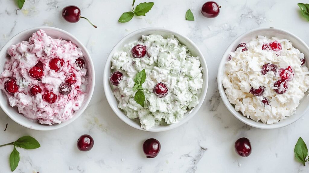 Three variations of Watergate Salad with cherries, coconut, and a dairy-free version