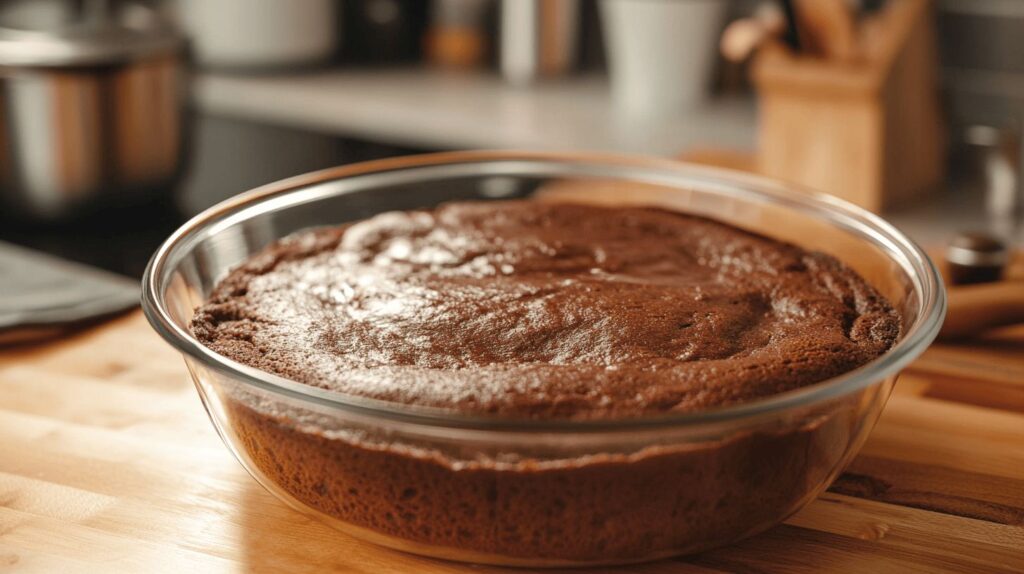 Perfectly baked chocolate cake in a Pyrex bowl on a kitchen counter