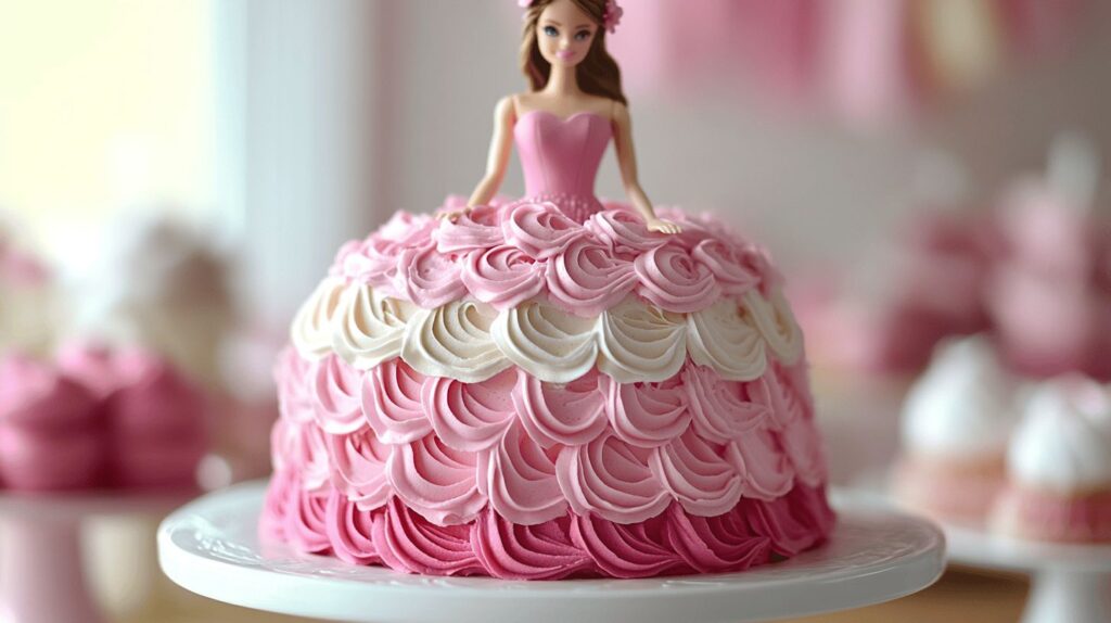 Decorated Barbie cake made using a bundt pan with pink ombré frosting
