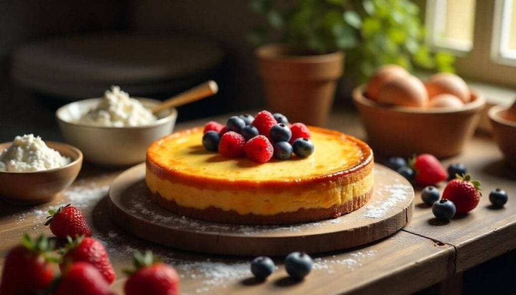 Freshly baked cheesecake with cottage cheese, eggs, and flour on a kitchen counter