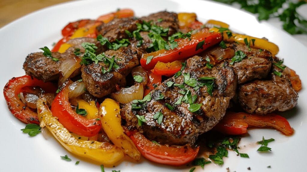 Perfectly cooked pepper steak with bell peppers and onions on a white plate