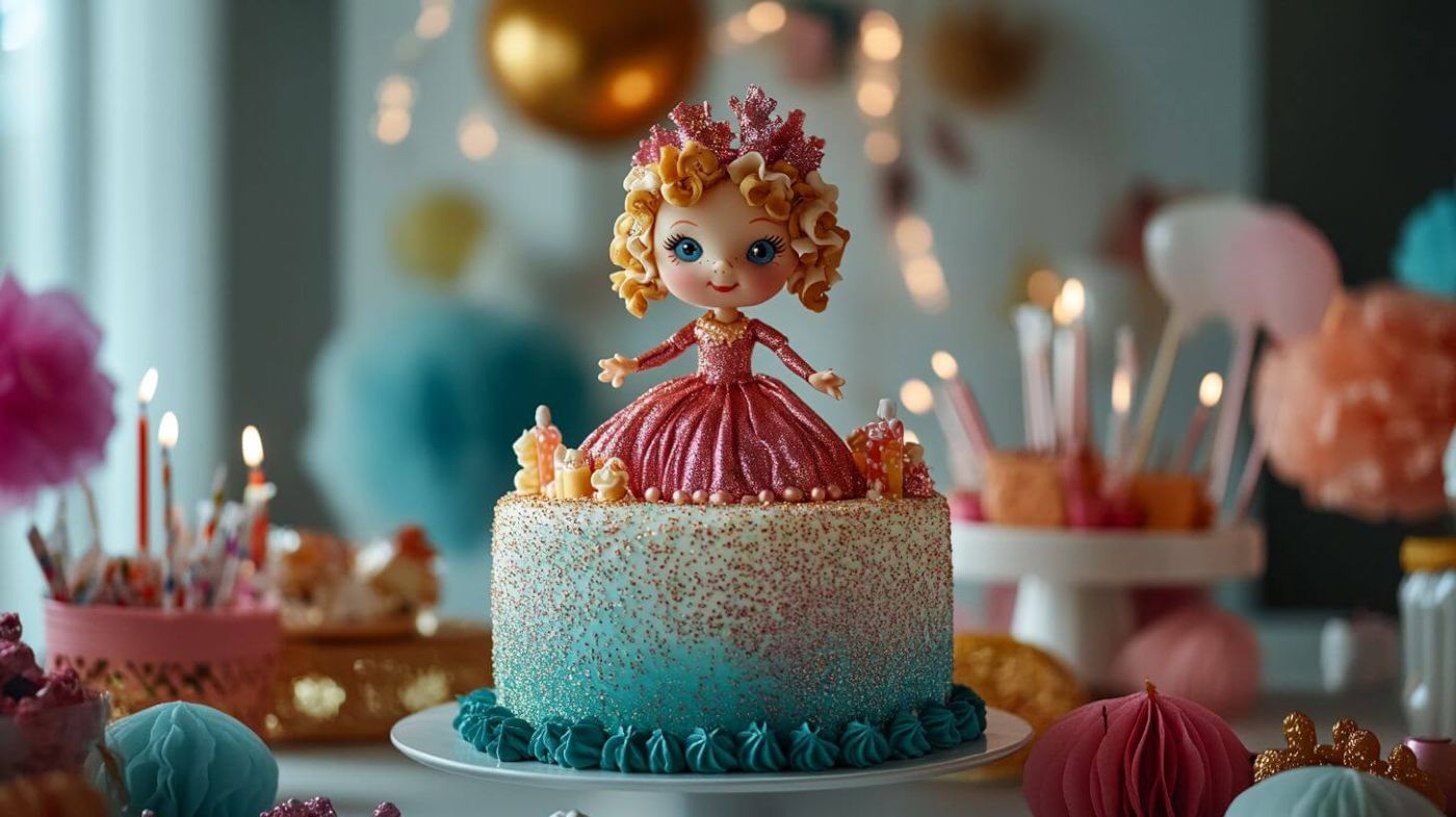 A finished Dolly Varden cake with a doll in a glamorous dress