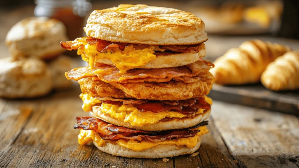 Stack of Jimmy Dean breakfast sandwiches on a rustic wooden table